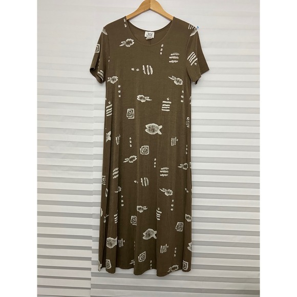 Jostar Dresses & Skirts - Jostar Vintage Brown Abstract Print Slinky Maxi Dress Womens L Short Sleeve USA